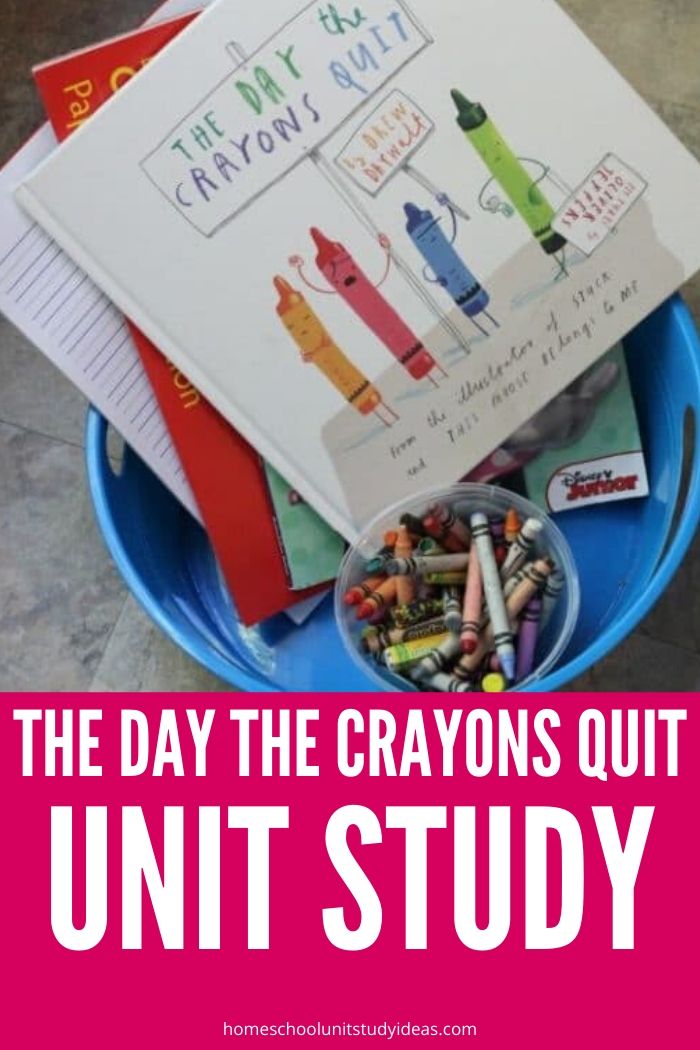 The day the crayons quit book in a tub with crayons and writing paper