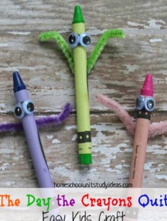 various crayon colors with pipe cleaner arms and googly eyes